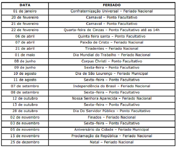Prefeitura publica decreto que dispõe sobre feriados e pontos facultativos